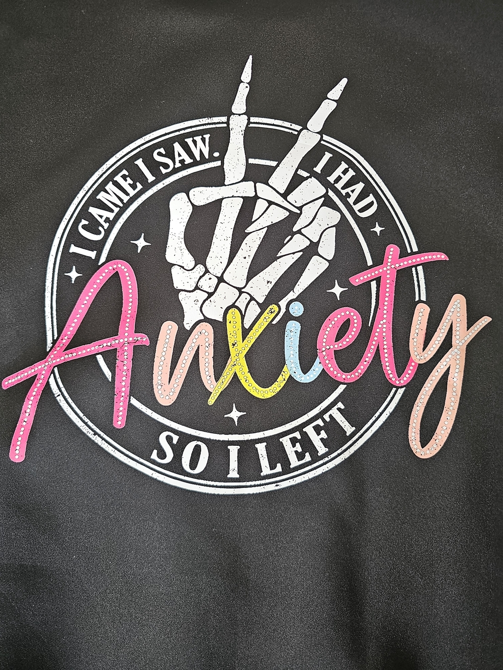Graphic Sweatshirt: 'Anxiety' Colorful Script on Black Dize Large